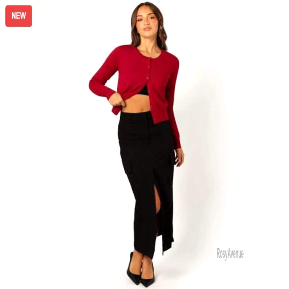 Cropped Cardigan Sweater Long Sleeve Crewneck Knit Button Up Lightweight Shrug - Picture 4 of 7